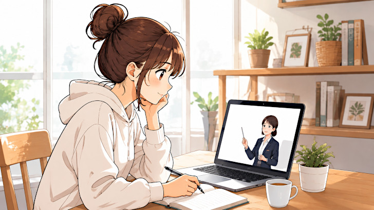 YouTube で勉強する女性