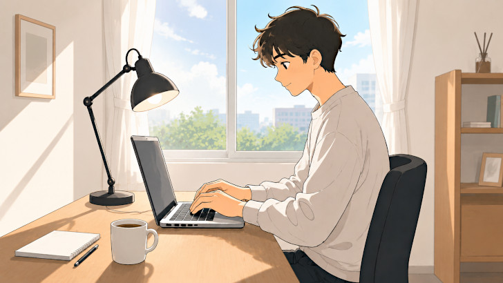 ブログ作業をしている男性